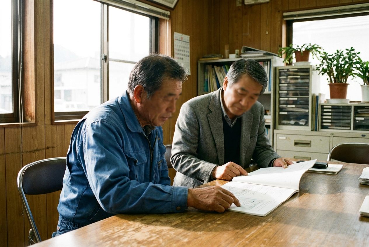 経営者と並んで資料を確認する担当者